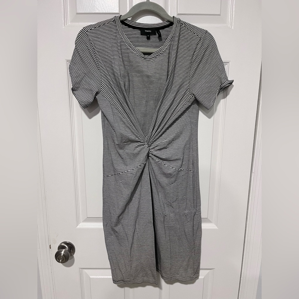 Theory Black and White Striped Midi Dress